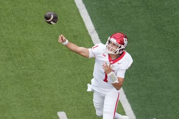 Nov 29, 2025; Waco, Texas, USA;  Houston Cougars quarterback Conner Weigman (1) passes the ball against the Baylor Bears during the first half at McLane Stadium. Mandatory Credit: Chris Jones-Imagn Images