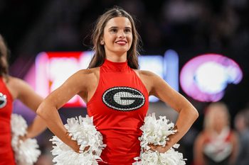 Nov 29, 2025; Athens, Georgia, USA; Georgia Bulldogs cheerleaders and dance squad members shown on the court during the game against the Tennessee Tech Golden Eagles at Stegeman Coliseum. Mandatory Credit: Dale Zanine-Imagn Images