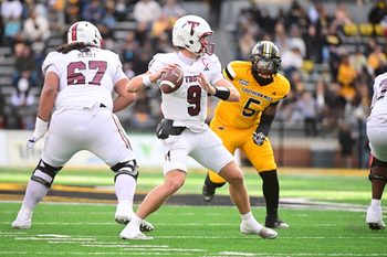 Troy Trojans quarterback Goose Crowder (9) looks to pass during a college football game between Southern Miss and Troy at M.M. Roberts Stadium in Hattiesburg, Miss., on Saturday, Nov. 29, 2025.