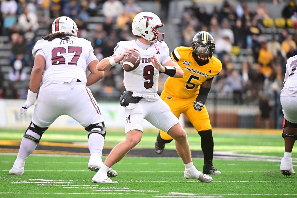 Troy Trojans quarterback Goose Crowder (9) looks to pass during a college football game between Southern Miss and Troy at M.M. Roberts Stadium in Hattiesburg, Miss., on Saturday, Nov. 29, 2025.