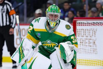 Nov 29, 2025; Saint Paul, Minnesota, USA; Minnesota Wild goaltender Filip Gustavsson (32) defends his net against the Buffalo Sabres during the second period at Grand Casino Arena. Mandatory Credit: Matt Krohn-Imagn Images