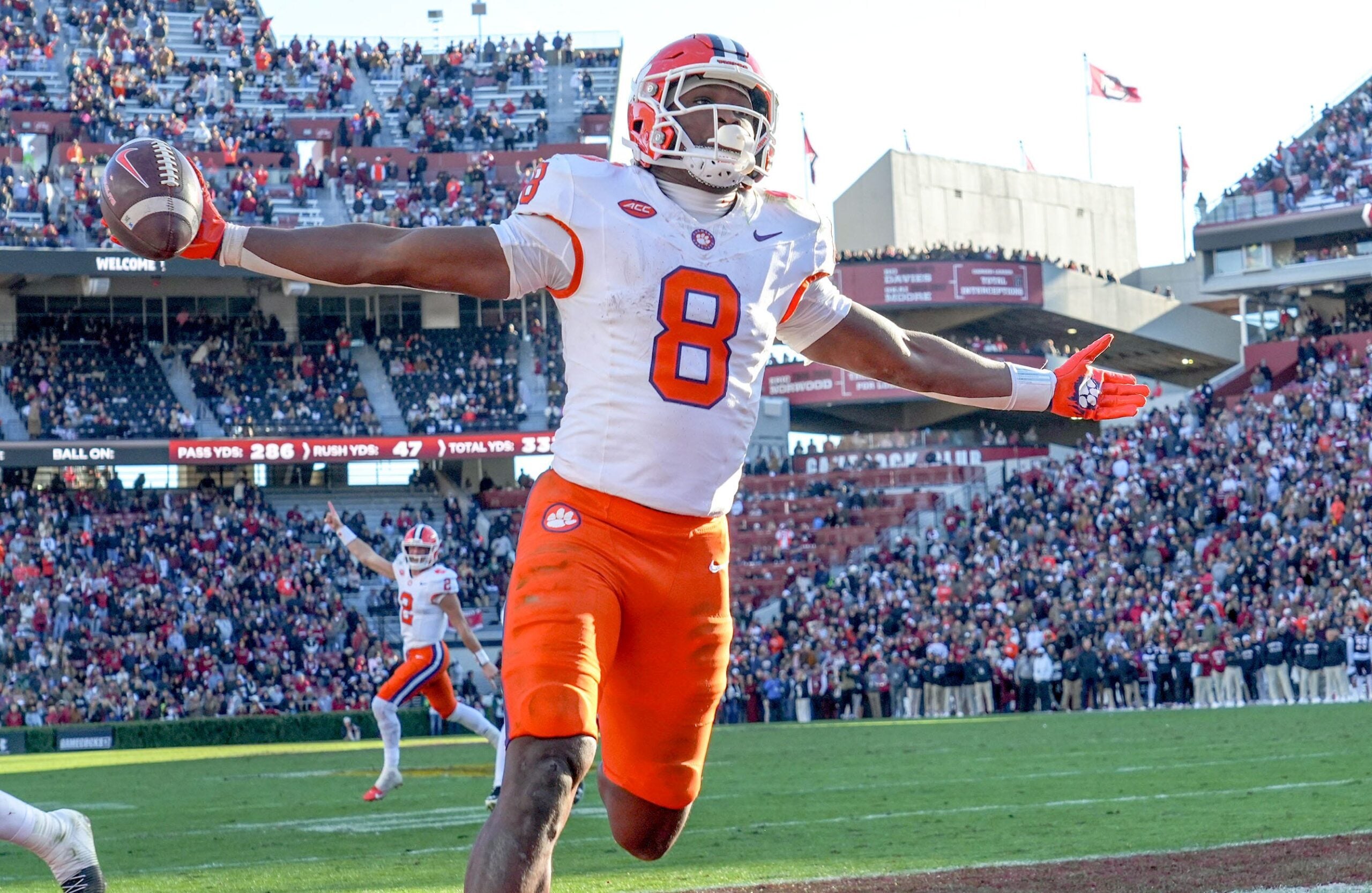 Clemson running back Adam Randall (8) scores a two-point conversion against South Carolina during the fourth quarter at Williams-Brice Stadium in Columbia, S.C. Saturday, November 29, 2025.
