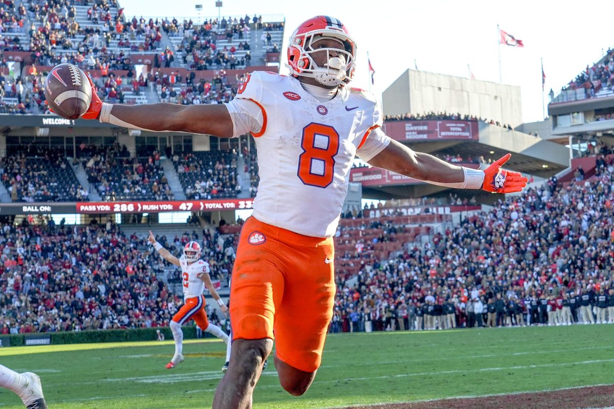 Clemson running back Adam Randall (8) scores a two-point conversion against South Carolina during the fourth quarter at Williams-Brice Stadium in Columbia, S.C. Saturday, November 29, 2025.