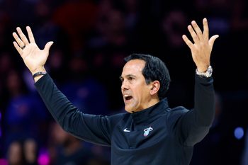 Nov 29, 2025; Miami, Florida, USA; Miami Heat head coach Erik Spoelstra reacts during the second half against the Detroit Pistons at Kaseya Center. Mandatory Credit: Rhona Wise-Imagn Images