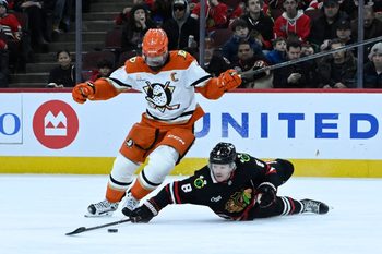 Nov 30, 2025; Chicago, Illinois, USA;  Anaheim Ducks defenseman Radko Gudas (7) and Chicago Blackhawks center Ryan Donato (8) chase the puck during the first period at United Center. Mandatory Credit: Matt Marton-Imagn Images