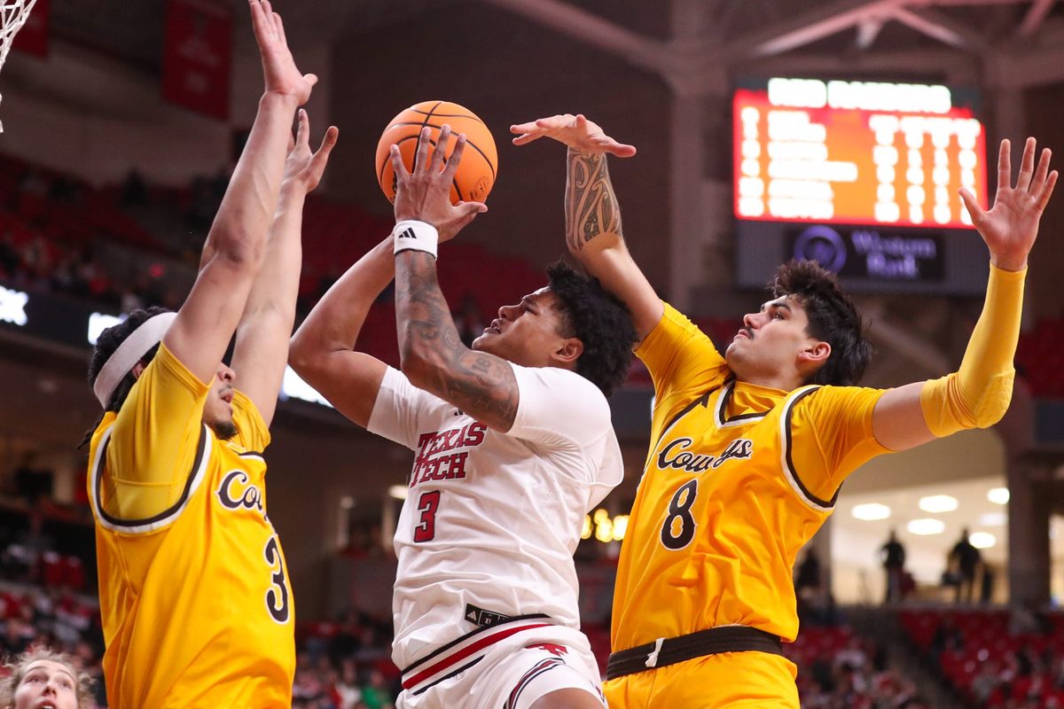 Texas Tech's LeJuan Watts attempts to shoot against Wyoming during a non-conference men's basketball game, Sunday, Nov. 30, 2025, in United Supermarkets Arena.