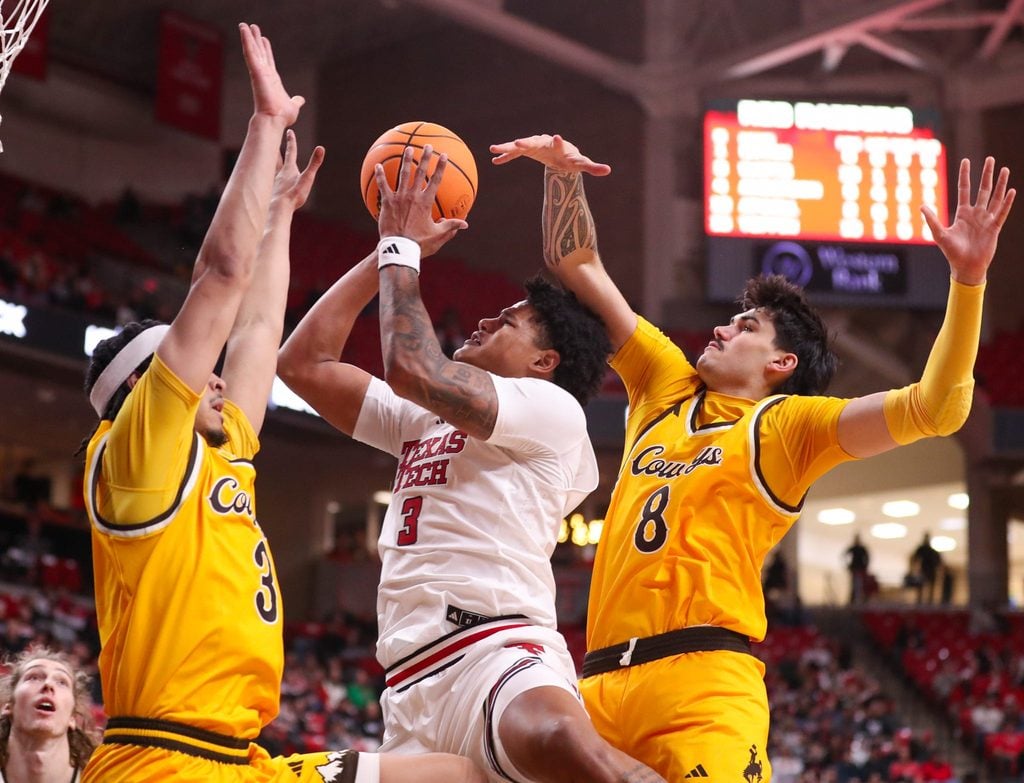 Texas Tech's LeJuan Watts attempts to shoot against Wyoming during a non-conference men's basketball game, Sunday, Nov. 30, 2025, in United Supermarkets Arena.
