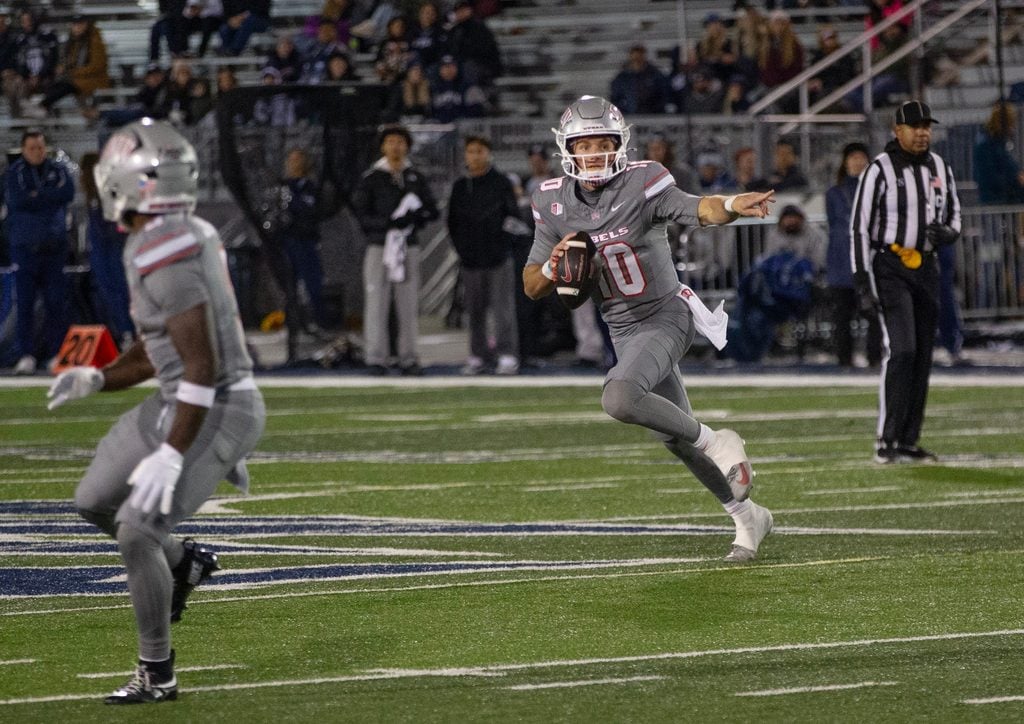 UNLV quarterback Anthony Colandrea (10) looks to throw against Nevada in the second half of an NCAA college football game in Reno, Nev., Saturday, Nov. 29, 2025.