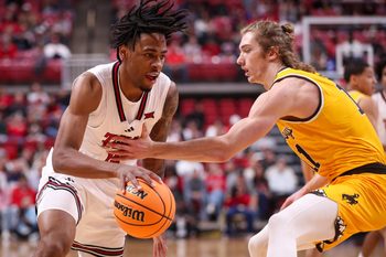 Texas Tech's JT Toppin handles the ball against Wyoming during a non-conference men's basketball game, Sunday, Nov. 30, 2025, at United Supermarkets Arena.