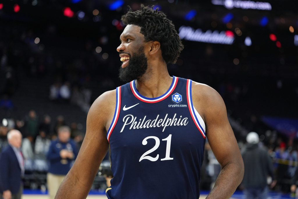 Nov 30, 2025; Philadelphia, Pennsylvania, USA; Philadelphia 76ers center Joel Embiid (21) reacts after the game against the Atlanta Hawks at Xfinity Mobile Arena. Mandatory Credit: Kyle Ross-Imagn Images