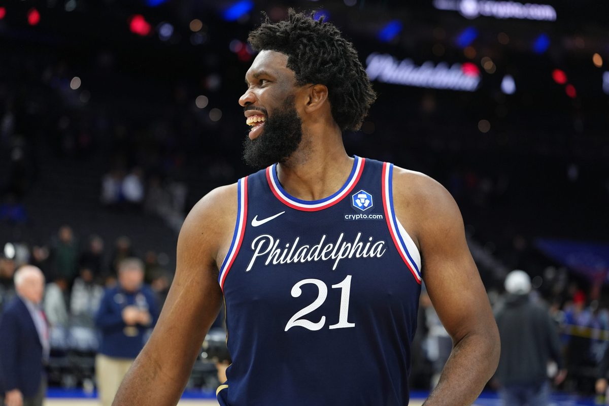 Nov 30, 2025; Philadelphia, Pennsylvania, USA; Philadelphia 76ers center Joel Embiid (21) reacts after the game against the Atlanta Hawks at Xfinity Mobile Arena. Mandatory Credit: Kyle Ross-Imagn Images