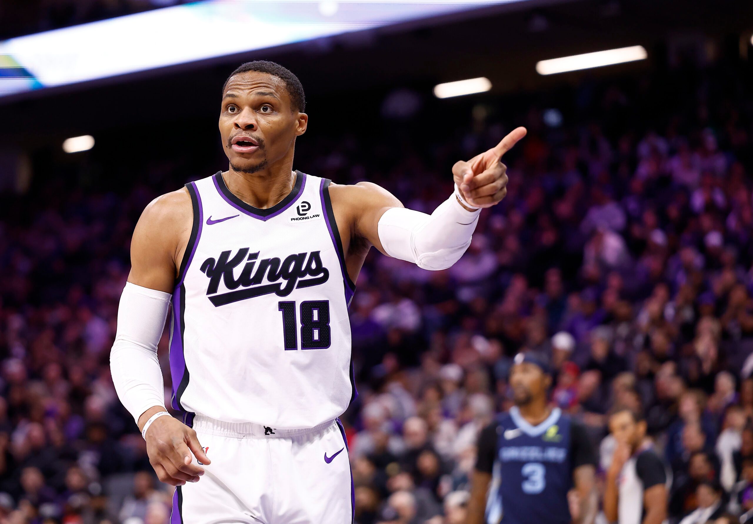 Nov 30, 2025; Sacramento, California, USA; Sacramento Kings guard Russell Westbrook (18) gestures after a play against the Memphis Grizzlies during the fourth quarter at Golden 1 Center. Mandatory Credit: Kelley L Cox-Imagn Images