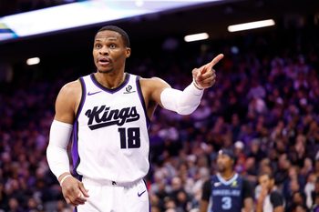 Nov 30, 2025; Sacramento, California, USA; Sacramento Kings guard Russell Westbrook (18) gestures after a play against the Memphis Grizzlies during the fourth quarter at Golden 1 Center. Mandatory Credit: Kelley L Cox-Imagn Images