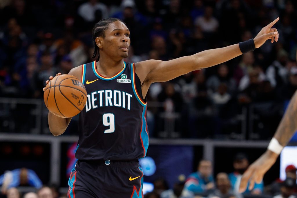 Dec 1, 2025; Detroit, Michigan, USA; Detroit Pistons guard Ausar Thompson (9) dribbles in the second half against the Atlanta Hawks at Little Caesars Arena. Mandatory Credit: Rick Osentoski-Imagn Images