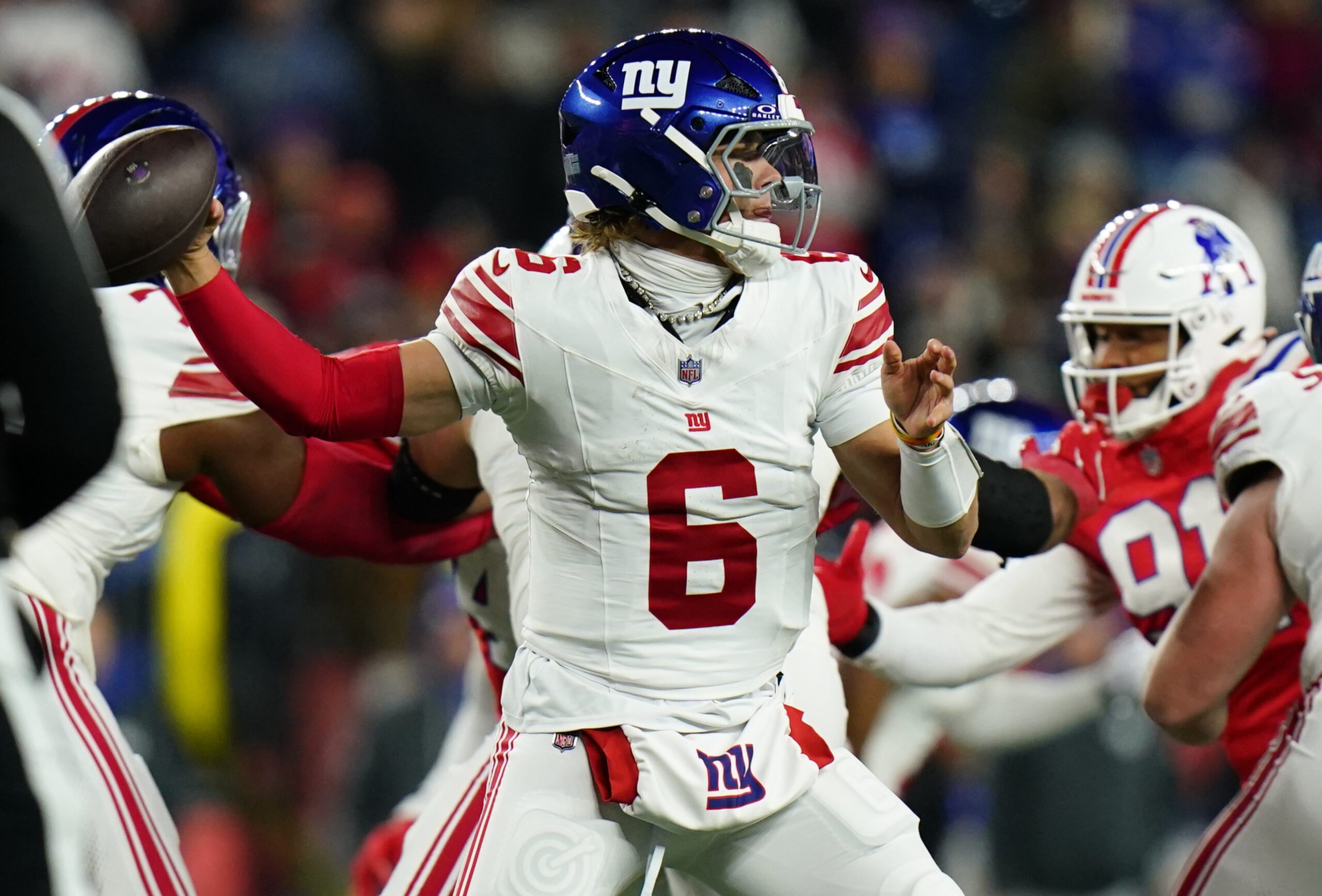 Dec 1, 2025; Foxborough, Massachusetts, USA; New York Giants quarterback Jaxson Dart (6) throws a pass during the second quarter against the New England Patriots at Gillette Stadium. Mandatory Credit: David Butler II-Imagn Images