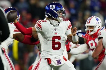 Dec 1, 2025; Foxborough, Massachusetts, USA; New York Giants quarterback Jaxson Dart (6) throws a pass during the second quarter against the New England Patriots at Gillette Stadium. Mandatory Credit: David Butler II-Imagn Images