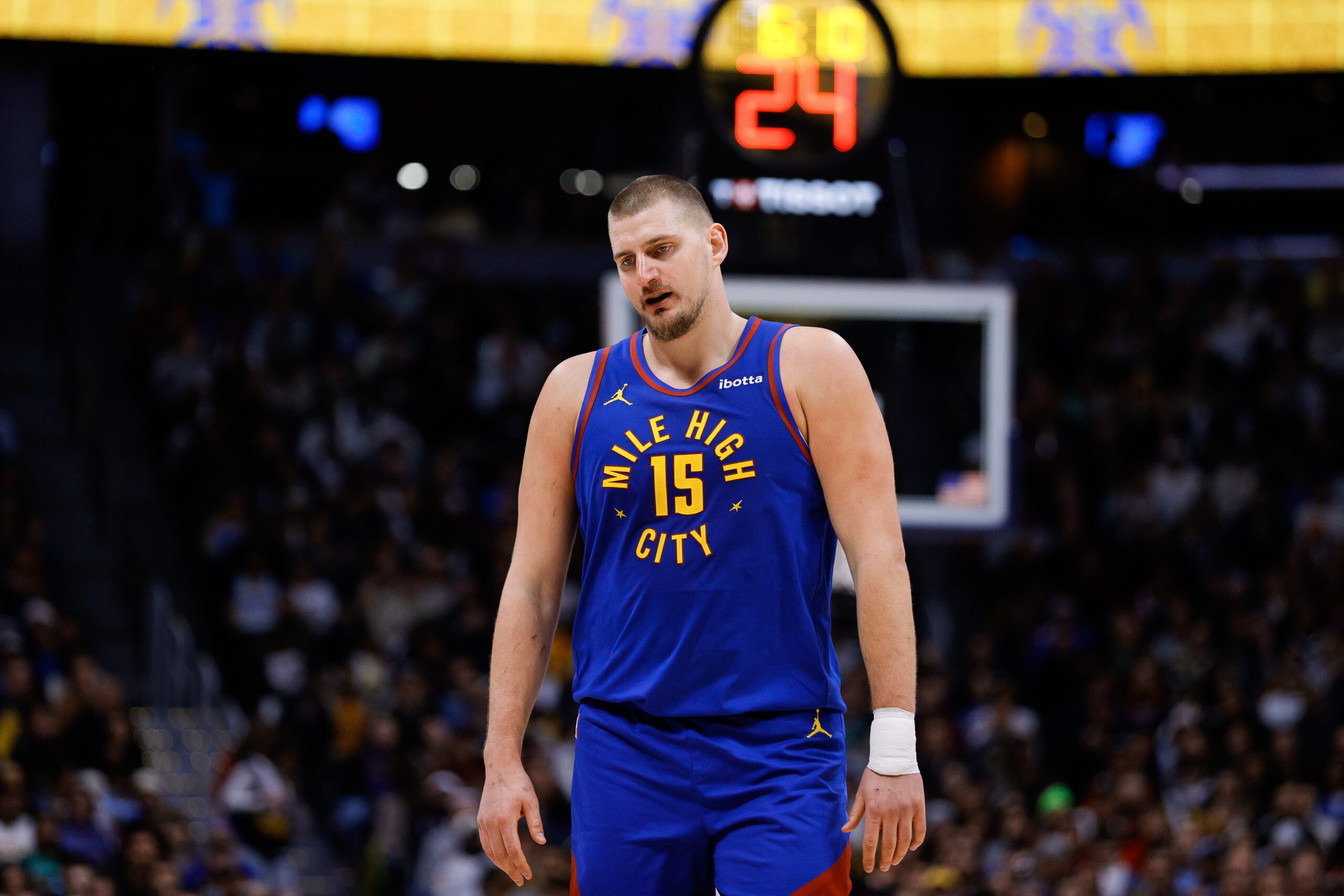 Dec 1, 2025; Denver, Colorado, USA; Denver Nuggets center Nikola Jokic (15) reacts in the fourth quarter against the Dallas Mavericks at Ball Arena. Mandatory Credit: Isaiah J. Downing-Imagn Images