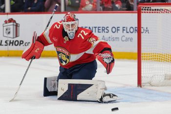 Dec 2, 2025; Sunrise, Florida, USA; Florida Panthers goaltender Sergei Bobrovsky (72) makes a save against the Toronto Maple Leafs during the second period at Amerant Bank Arena. Mandatory Credit: Sam Navarro-Imagn Images