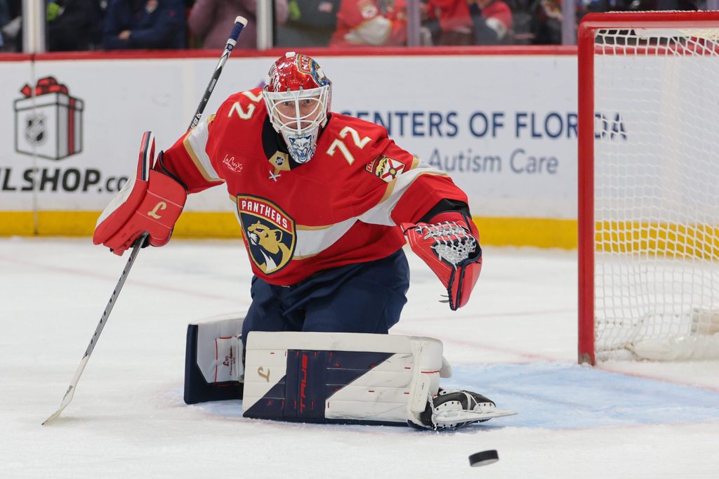 Dec 2, 2025; Sunrise, Florida, USA; Florida Panthers goaltender Sergei Bobrovsky (72) makes a save against the Toronto Maple Leafs during the second period at Amerant Bank Arena. Mandatory Credit: Sam Navarro-Imagn Images
