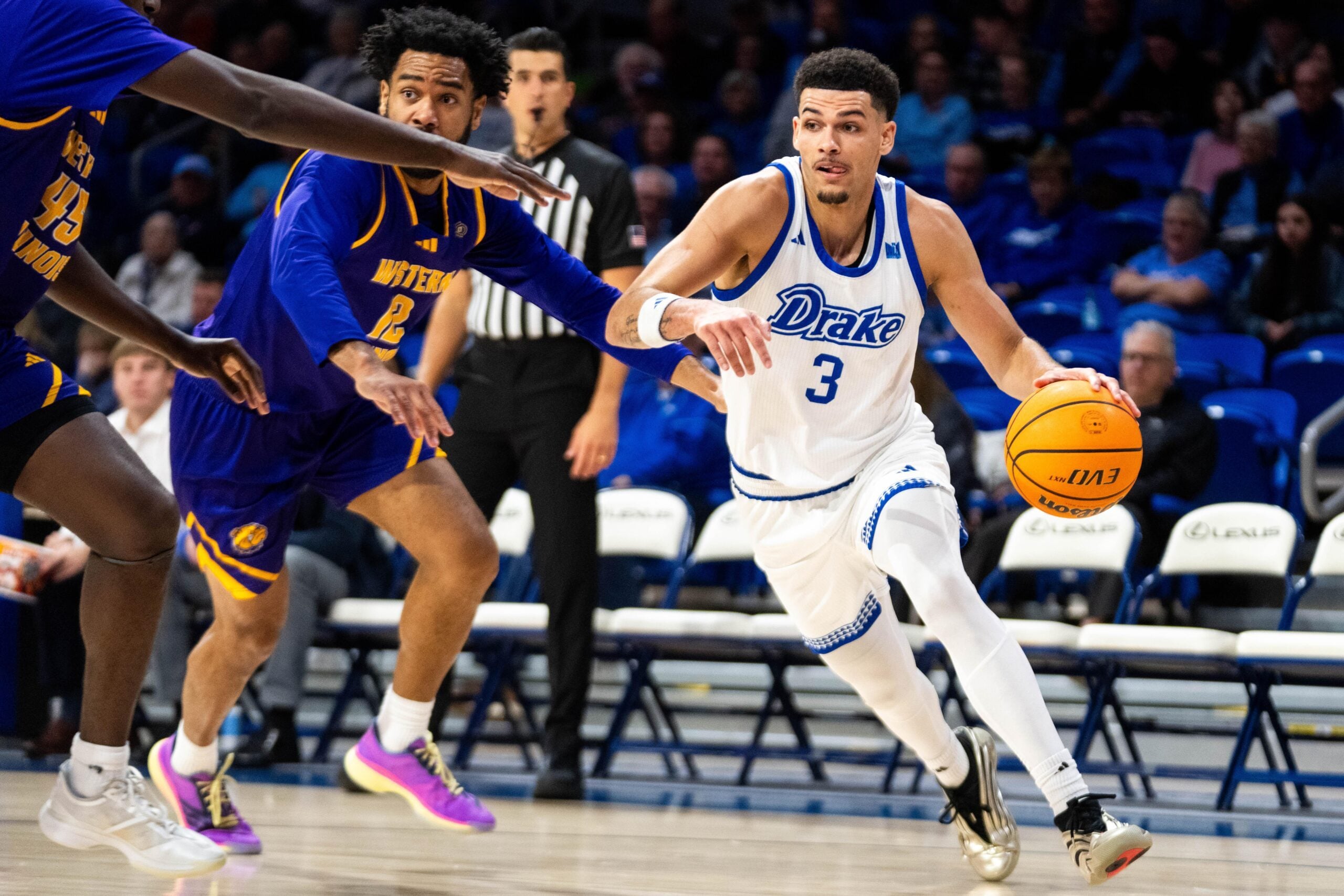Drake’s Jalen Quinn (3) drives down the baseline against Western Illinois on Dec. 2, 2025, at the Knapp Center in Des Moines.
