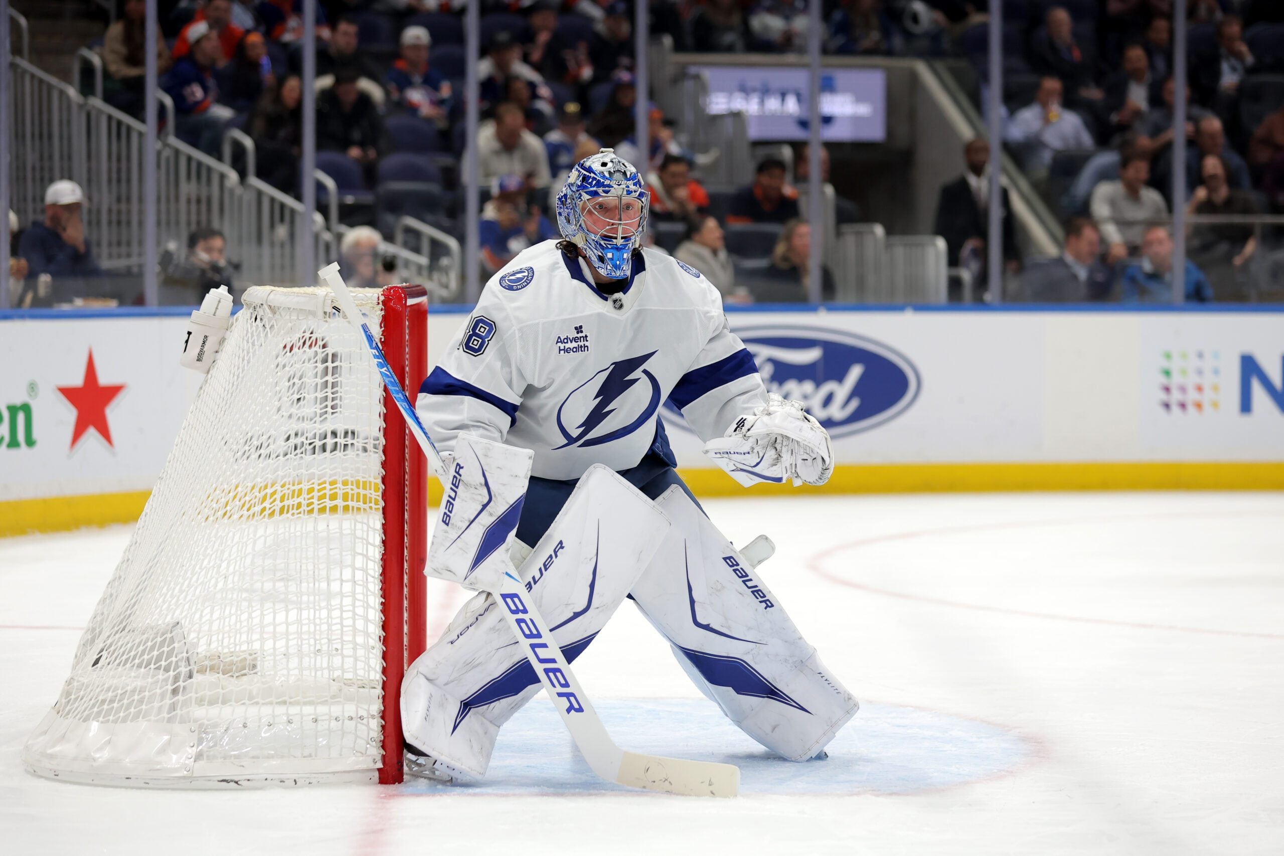 Dec 2, 2025; Elmont, New York, USA; Tampa Bay Lightning goaltender Andrei Vasilevskiy (88) tends net against the New York Islanders during the second period at UBS Arena. Mandatory Credit: Brad Penner-Imagn Images