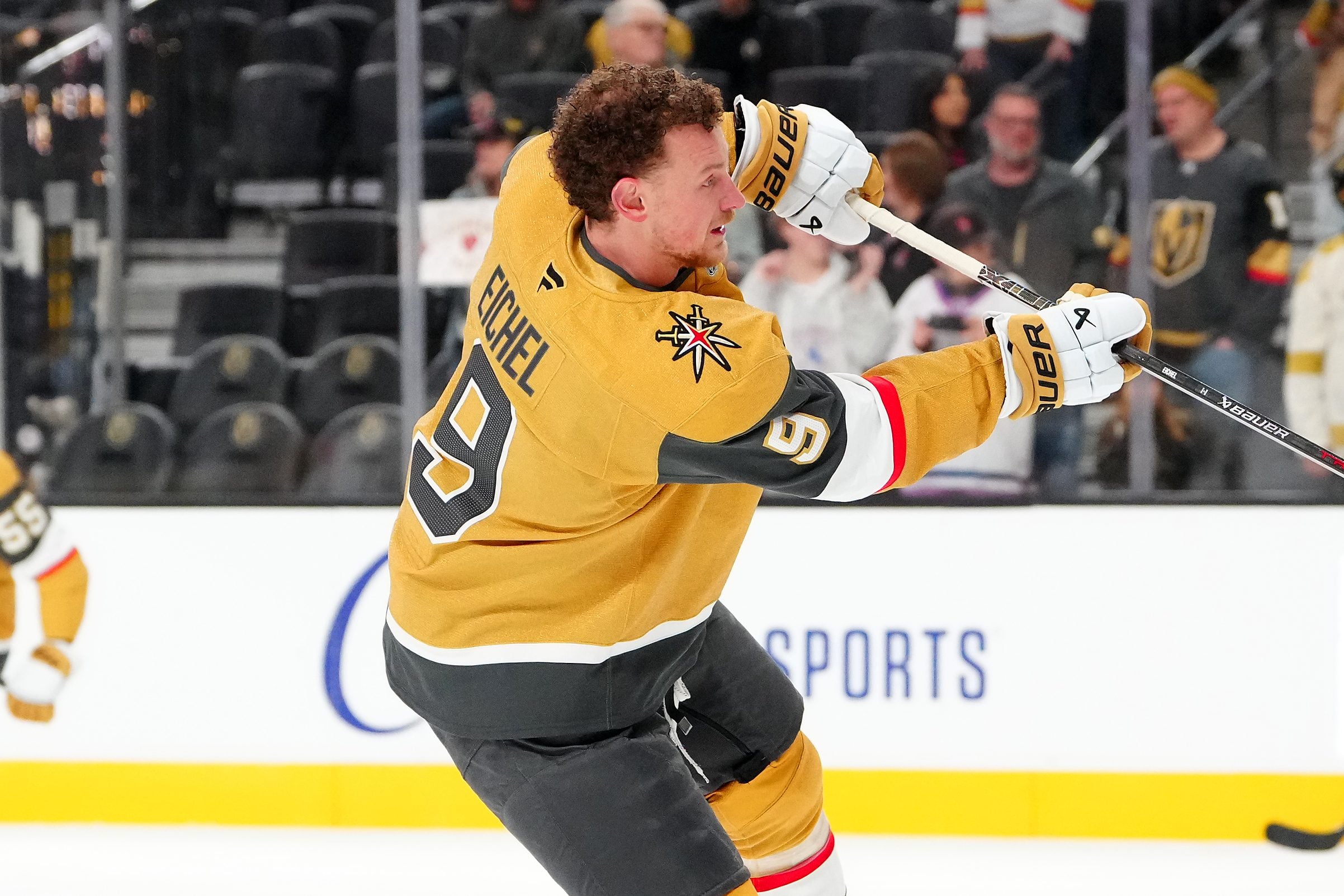 Dec 2, 2025; Las Vegas, Nevada, USA; Vegas Golden Knights center Jack Eichel (9) warms up before a game against the Chicago Blackhawks at T-Mobile Arena. Mandatory Credit: Stephen R. Sylvanie-Imagn Images