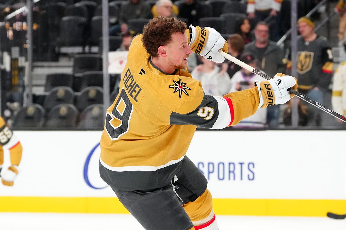 Dec 2, 2025; Las Vegas, Nevada, USA; Vegas Golden Knights center Jack Eichel (9) warms up before a game against the Chicago Blackhawks at T-Mobile Arena. Mandatory Credit: Stephen R. Sylvanie-Imagn Images