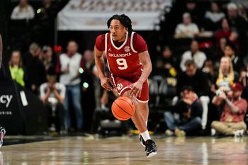 Dec 2, 2025; Winston-Salem, North Carolina, USA; Oklahoma Sooners guard Nijel Pack (9) brings the ball up court against the Wake Forest Demon Deacons during the second half at Lawrence Joel Veterans Memorial Coliseum. Mandatory Credit: Jim Dedmon-Imagn Images