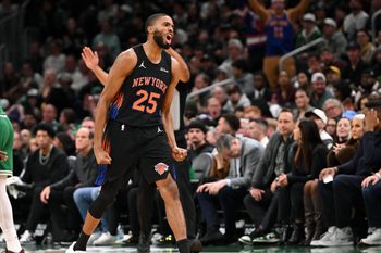 Dec 2, 2025; Boston, Massachusetts, USA; New York Knicks guard Mikal Bridges (25) reacts after making a three-point basket against the Boston Celtics during the second half at the TD Garden. Mandatory Credit: Brian Fluharty-Imagn Images