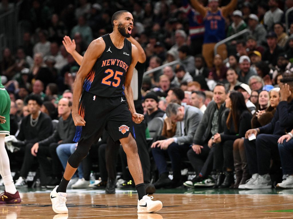 Dec 2, 2025; Boston, Massachusetts, USA; New York Knicks guard Mikal Bridges (25) reacts after making a three-point basket against the Boston Celtics during the second half at the TD Garden. Mandatory Credit: Brian Fluharty-Imagn Images