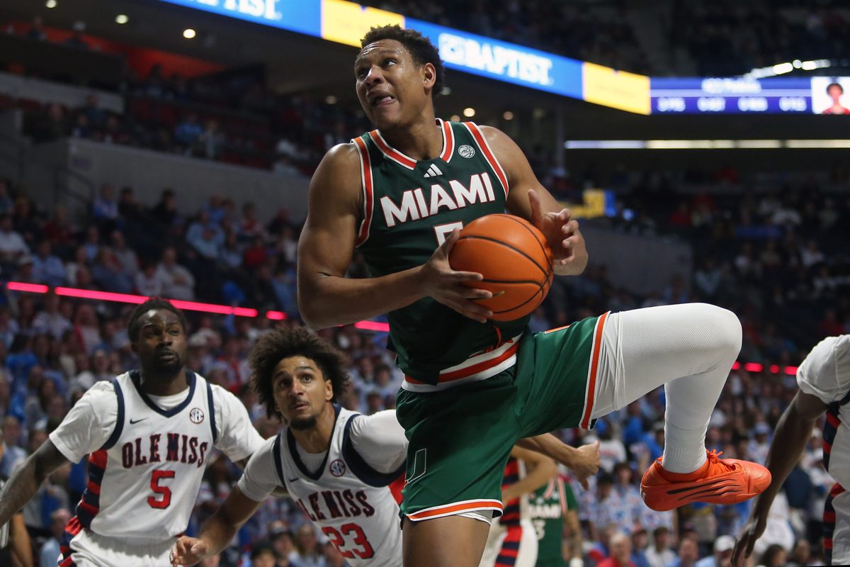 Dec 2, 2025; Oxford, Mississippi, USA; Miami Hurricanes forward Malik Reneau (5) drives to the basket during the first half against the Mississippi Rebels at The Sandy and John Black Pavilion at Ole Miss. Mandatory Credit: Petre Thomas-Imagn Images