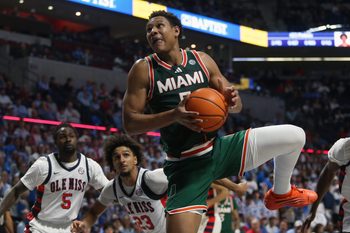Dec 2, 2025; Oxford, Mississippi, USA; Miami Hurricanes forward Malik Reneau (5) drives to the basket during the first half against the Mississippi Rebels at The Sandy and John Black Pavilion at Ole Miss. Mandatory Credit: Petre Thomas-Imagn Images
