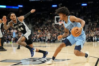 Dec 2, 2025; San Antonio, Texas, USA; Memphis Grizzlies guard Jaylen Wells (0)drives to the basket against San Antonio Spurs guard Devin Vassell (24) during the second half at Frost Bank Center. Mandatory Credit: Scott Wachter-Imagn Images