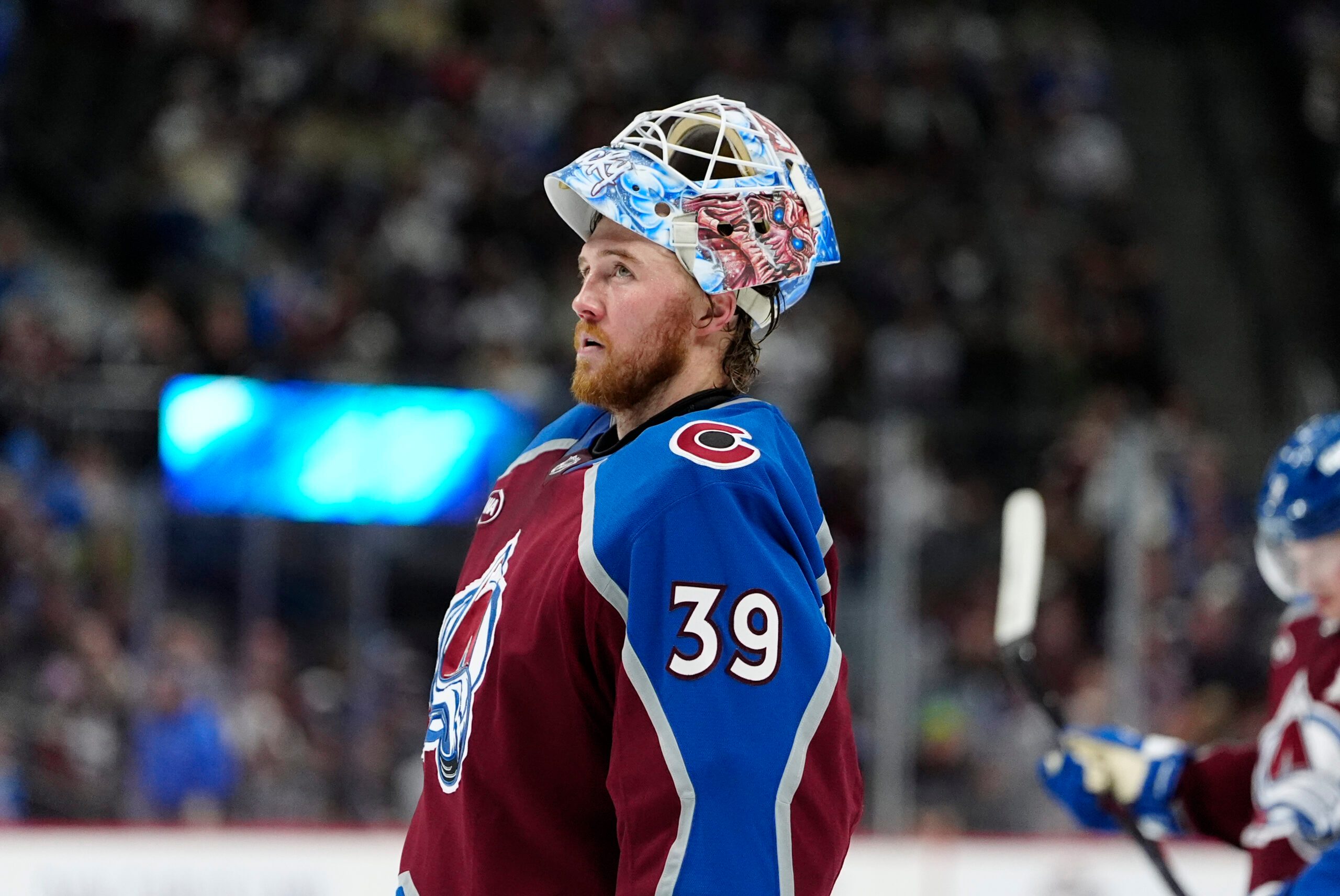 Dec 2, 2025; Denver, Colorado, USA; Colorado Avalanche goaltender Mackenzie Blackwood (39) during at time out in the third period against the Vancouver Canucks at Ball Arena. Mandatory Credit: Ron Chenoy-Imagn Images