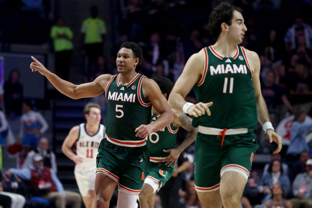 Dec 2, 2025; Oxford, Mississippi, USA; Miami Hurricanes forward Malik Reneau (5) reacts during the second half against the Mississippi Rebels at The Sandy and John Black Pavilion at Ole Miss. Mandatory Credit: Petre Thomas-Imagn Images