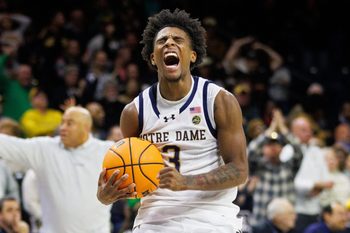 Notre Dame guard Markus Burton celebrates during a NCAA men's basketball game against Missouri at Purcell Pavilion on Tuesday, Dec. 2, 2025, in South Bend.