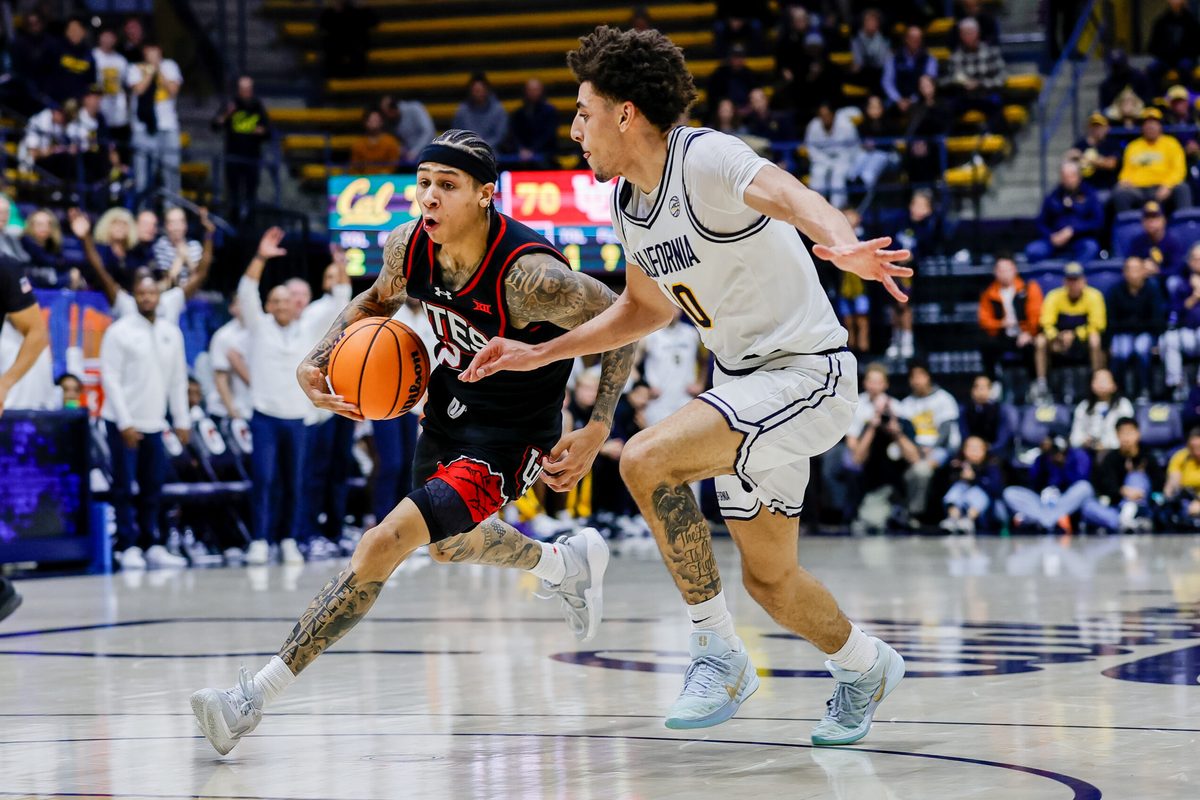 Dec 2, 2025; Berkeley, California, USA; Utah Utes guard Terrence Brown (2) drives during the second half against the California Golden Bears at Haas Pavilion. Mandatory Credit: Bob Kupbens-Imagn Images