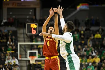 Dec 2, 2025; Eugene, Oregon, USA; Southern California Trojans forward Chad Baker-Mazara (4) makes a three point basket late in the second half against the Oregon Ducks at Matthew Knight Arena. Mandatory Credit: Craig Strobeck-Imagn Images