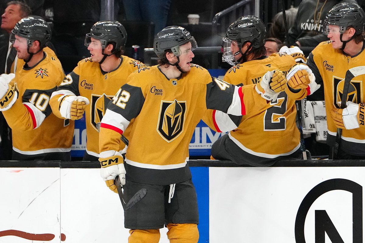 Dec 2, 2025; Las Vegas, Nevada, USA; Vegas Golden Knights right wing Braeden Bowman (42) celebrates after scoring a goal against the Chicago Blackhawks during the third period at T-Mobile Arena. Mandatory Credit: Stephen R. Sylvanie-Imagn Images