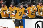 Dec 2, 2025; Las Vegas, Nevada, USA; Vegas Golden Knights right wing Braeden Bowman (42) celebrates after scoring a goal against the Chicago Blackhawks during the third period at T-Mobile Arena. Mandatory Credit: Stephen R. Sylvanie-Imagn Images