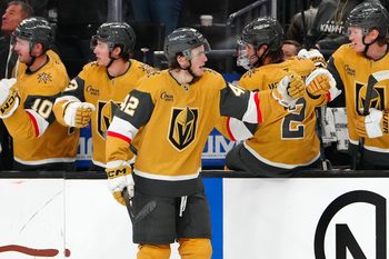 Dec 2, 2025; Las Vegas, Nevada, USA; Vegas Golden Knights right wing Braeden Bowman (42) celebrates after scoring a goal against the Chicago Blackhawks during the third period at T-Mobile Arena. Mandatory Credit: Stephen R. Sylvanie-Imagn Images