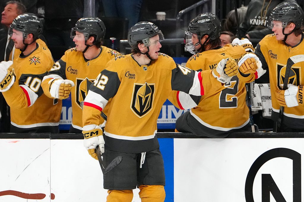 Dec 2, 2025; Las Vegas, Nevada, USA; Vegas Golden Knights right wing Braeden Bowman (42) celebrates after scoring a goal against the Chicago Blackhawks during the third period at T-Mobile Arena. Mandatory Credit: Stephen R. Sylvanie-Imagn Images