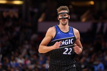 Dec 3, 2025; Orlando, Florida, USA; Orlando Magic forward Franz Wagner (22) looks on against the San Antonio Spurs in the fourth quarter at Kia Center. Mandatory Credit: Nathan Ray Seebeck-Imagn Images