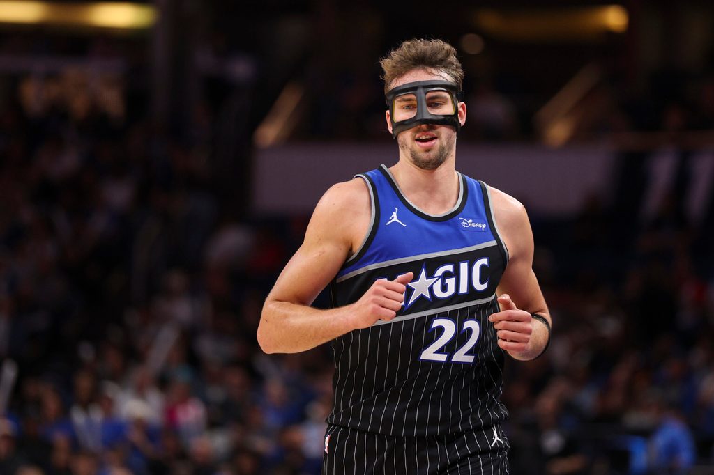 Dec 3, 2025; Orlando, Florida, USA; Orlando Magic forward Franz Wagner (22) looks on against the San Antonio Spurs in the fourth quarter at Kia Center. Mandatory Credit: Nathan Ray Seebeck-Imagn Images