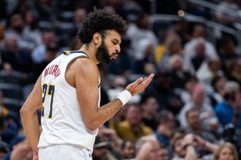 Dec 3, 2025; Indianapolis, Indiana, USA; Denver Nuggets guard Jamal Murray (27) celebrates a made basket in the second half against the Indiana Pacers at Gainbridge Fieldhouse. Mandatory Credit: Trevor Ruszkowski-Imagn Images