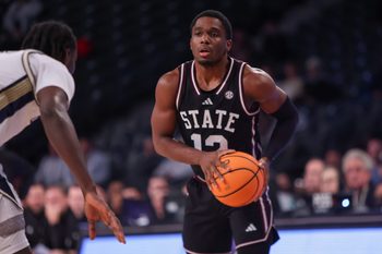 Dec 3, 2025; Atlanta, Georgia, USA; Mississippi State Bulldogs guard Josh Hubbard (12) dribbles against the Georgia Tech Yellow Jackets in the first half at McCamish Pavilion. Mandatory Credit: Brett Davis-Imagn Images