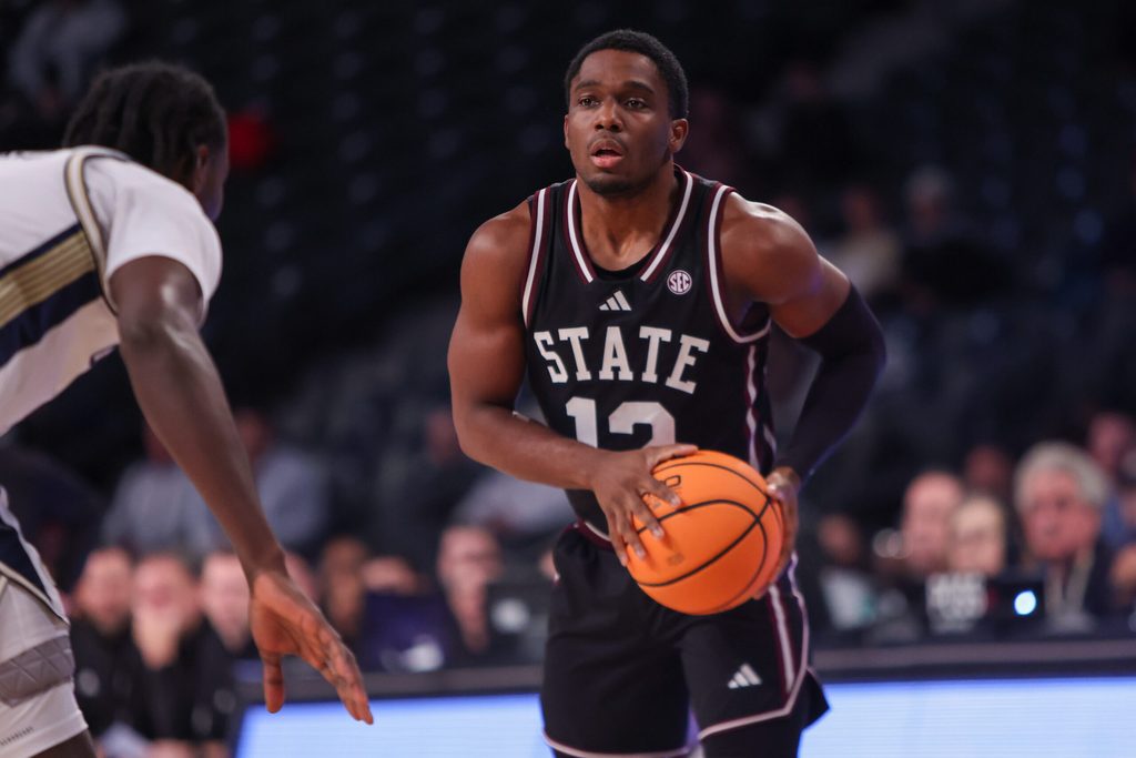 Dec 3, 2025; Atlanta, Georgia, USA; Mississippi State Bulldogs guard Josh Hubbard (12) dribbles against the Georgia Tech Yellow Jackets in the first half at McCamish Pavilion. Mandatory Credit: Brett Davis-Imagn Images