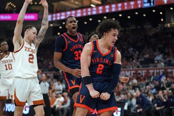 Dec 3, 2025; Austin, Texas, USA; Virginia Cavaliers guard Chance Mallory (2) reacts after a basket during the second half against the Texas Longhorns at Moody Center. Mandatory Credit: Dustin Safranek-Imagn Images