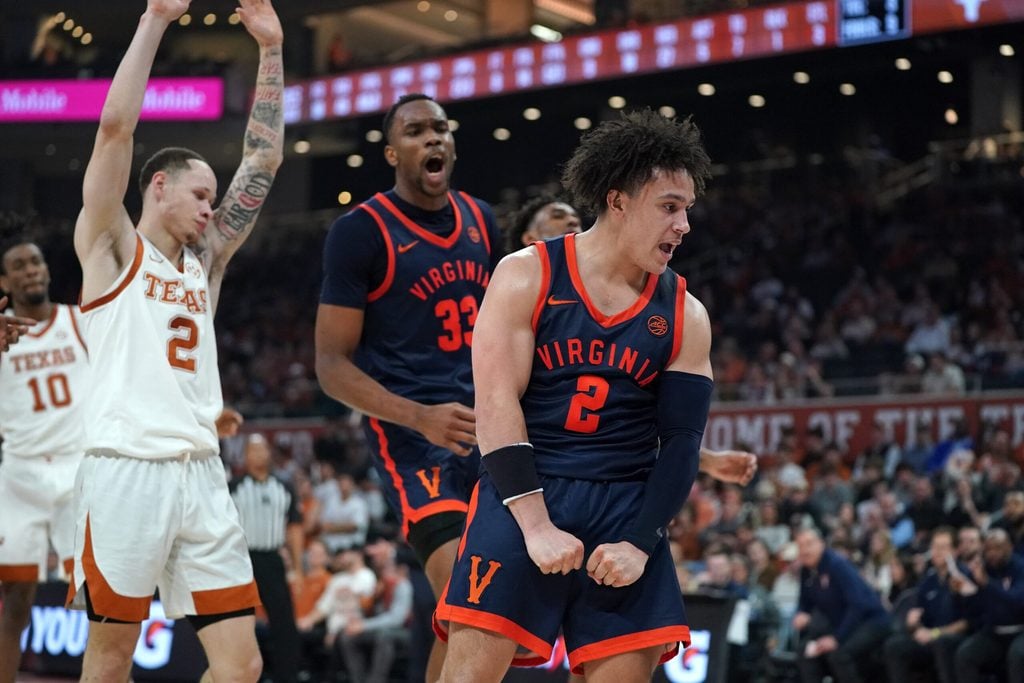 Dec 3, 2025; Austin, Texas, USA; Virginia Cavaliers guard Chance Mallory (2) reacts after a basket during the second half against the Texas Longhorns at Moody Center. Mandatory Credit: Dustin Safranek-Imagn Images