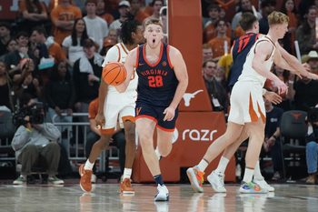 Dec 3, 2025; Austin, Texas, USA; Virginia Cavaliers forward Thijs De Ridder (28) reacts during the second half against the Texas Longhorns at Moody Center. Mandatory Credit: Dustin Safranek-Imagn Images
